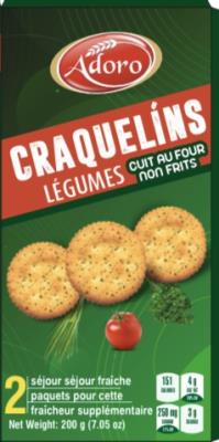 B01894 : Adoro B01894 : Déjeuner et collations - Biscuits - Craquelins LÉgumes ADORO ,CRAQUELINS LÉGUMES,24 x 200G