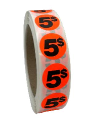 PR005 : Rouleaux de prix PR005 : Accessoires & fournitures - Autocollants à rabais - 5$ Fluo ROULEAUX DE PRIX, 5$ FLUO , 1000/rlx