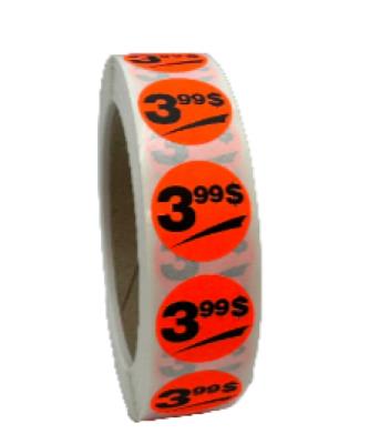 PR399 : Rouleaux de prix PR399 : Accessoires & fournitures - Autocollants à rabais - 3.99$ Fluo ROULEAUX DE PRIX, 3.99$ FLUO , 1000/rlx